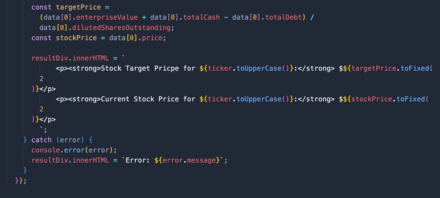 stock target price calculation using javascript code