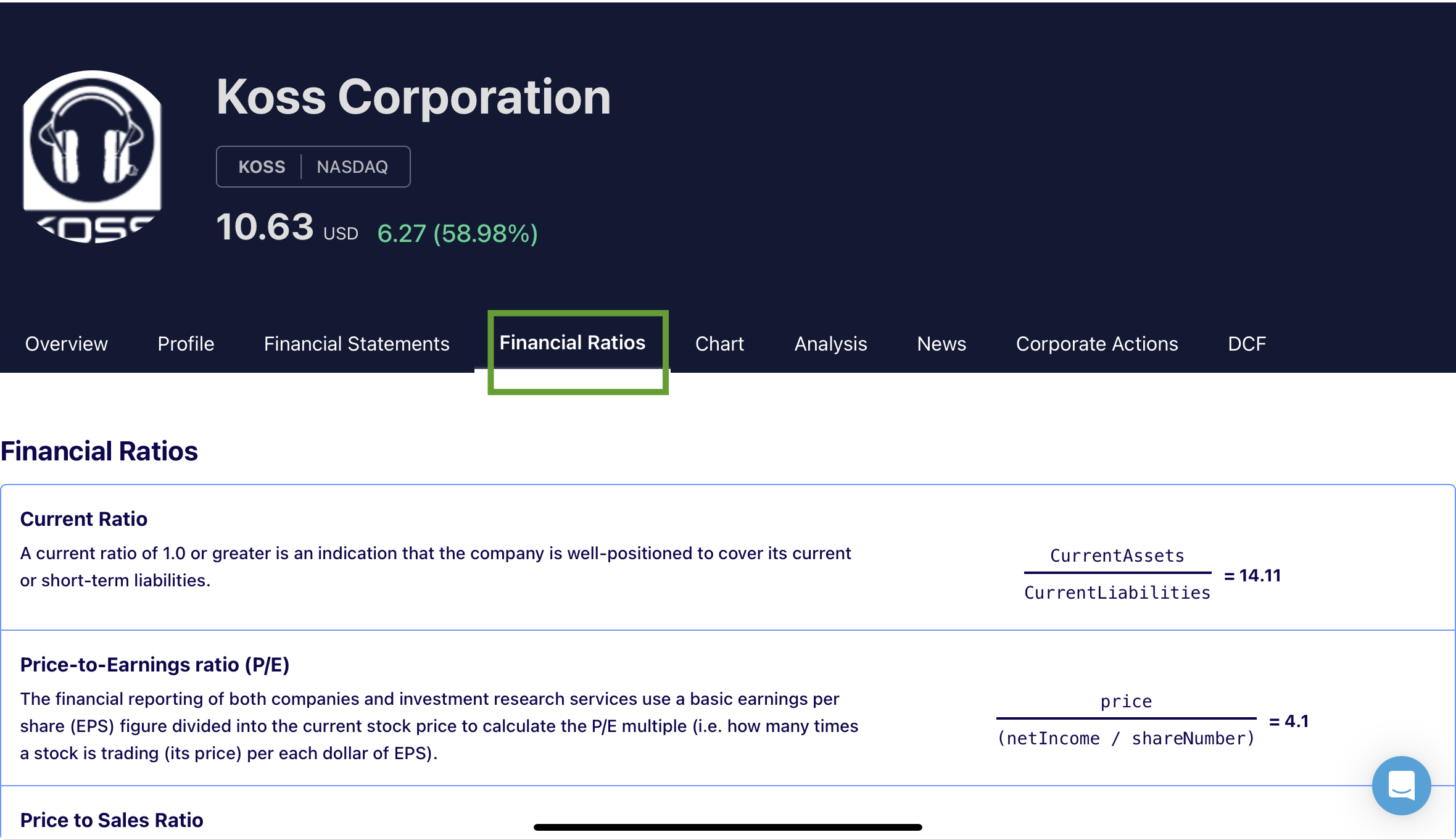 Company financial ratios. Stock financial ratios. 