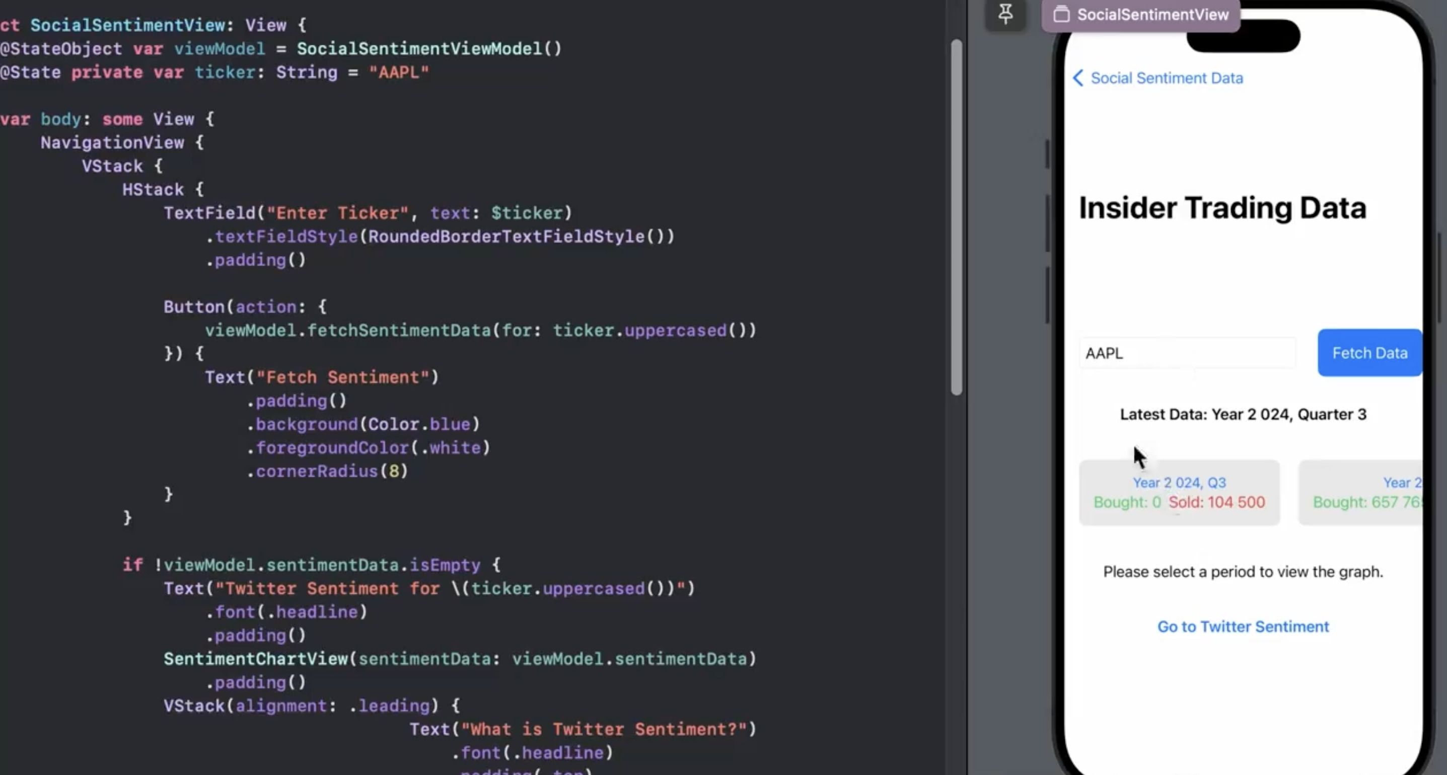 Insider trading data. iOS app example