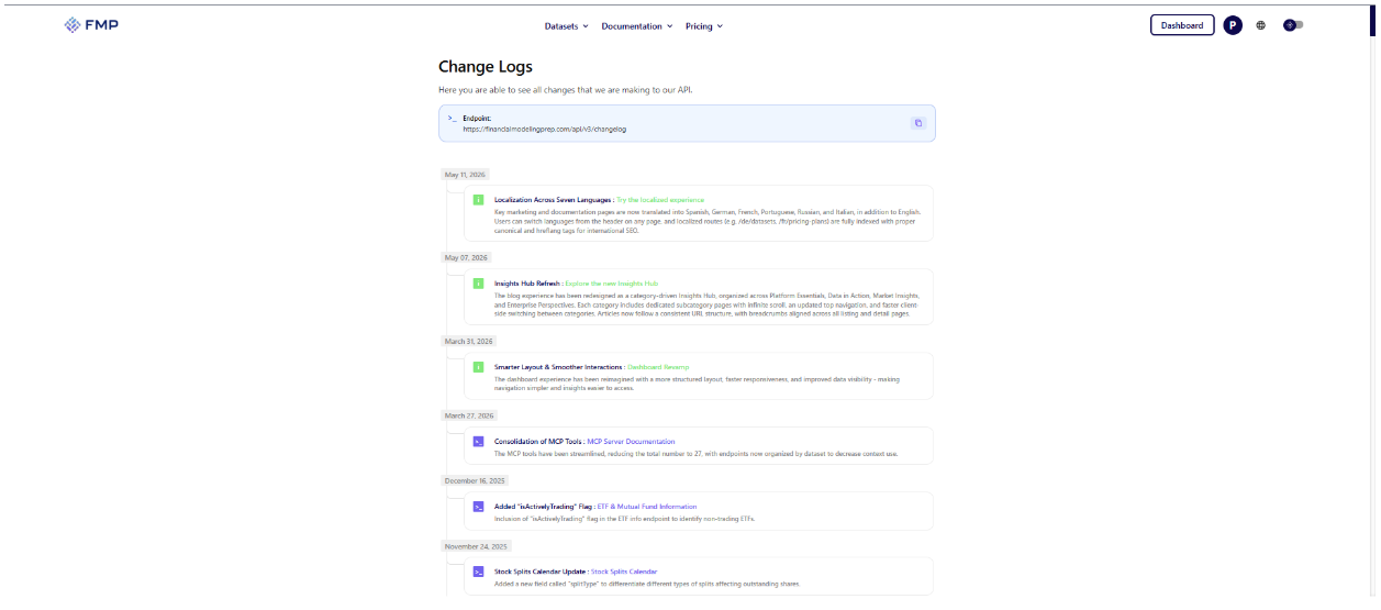 A screenshot of the changelog page
